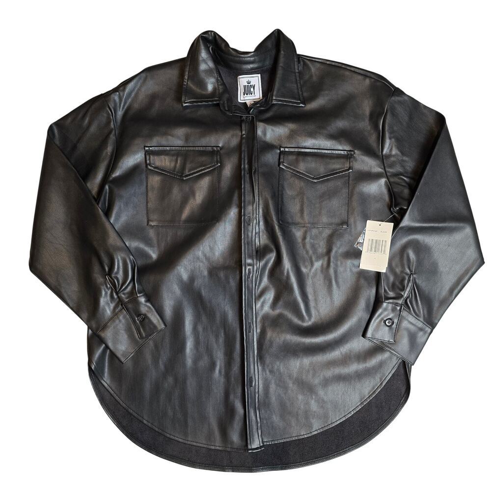NWT Juicy Couture, Black, Plether long sleeve Button-Up Large